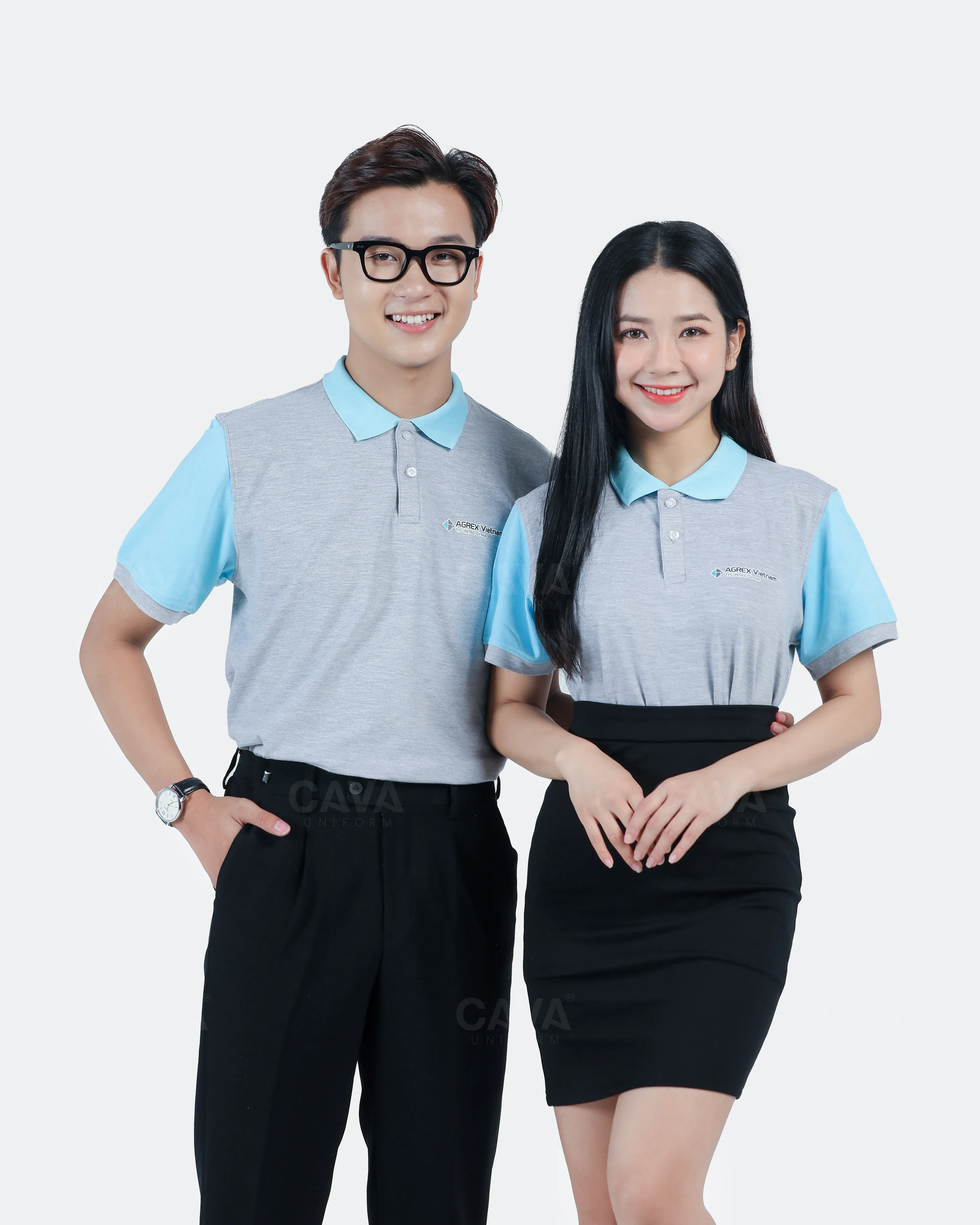 Mẫu đồng phục áo thun Polo Lacoste màu ghi phối xanh dương công ty AGREX Vietnam